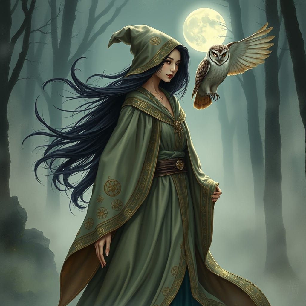 Asian witch in her Auror's robes with her owl
