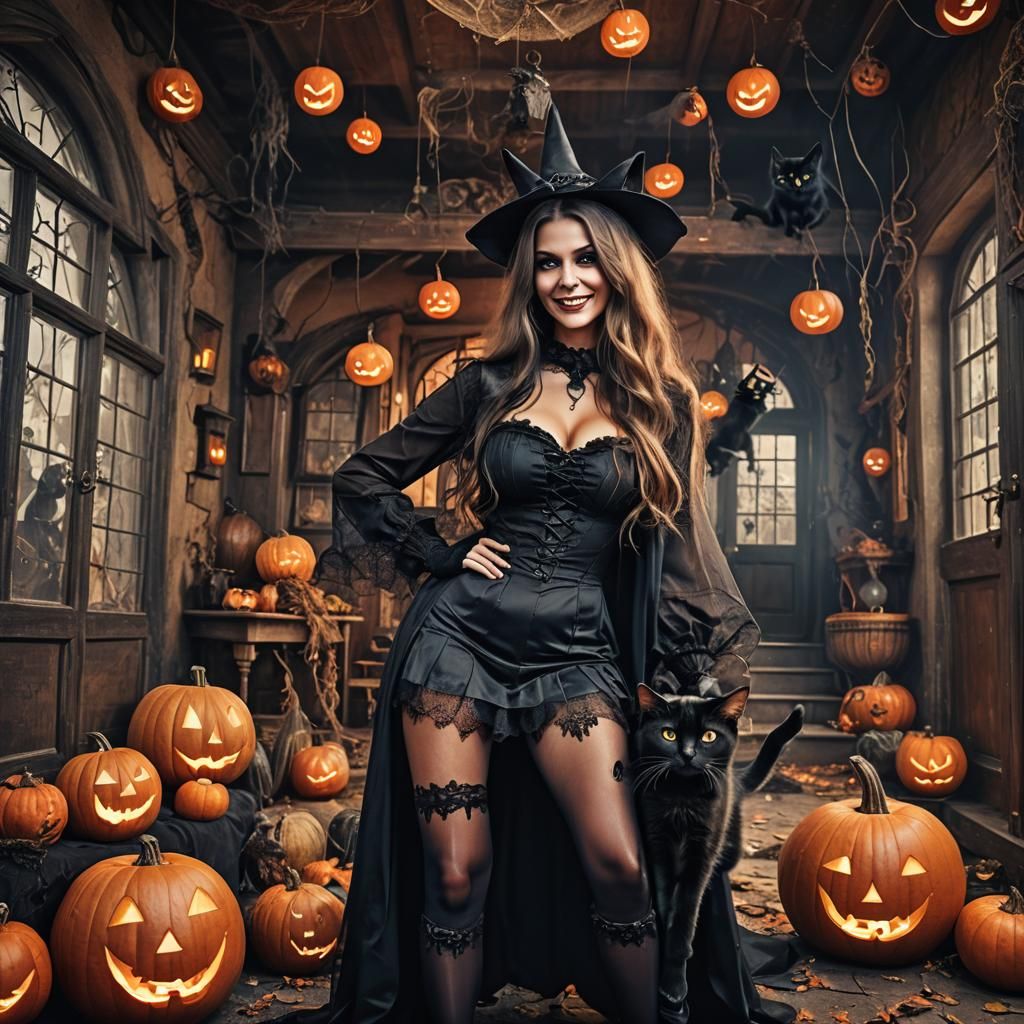 Hyperrealistic Witch in Haunted House with Black Cat