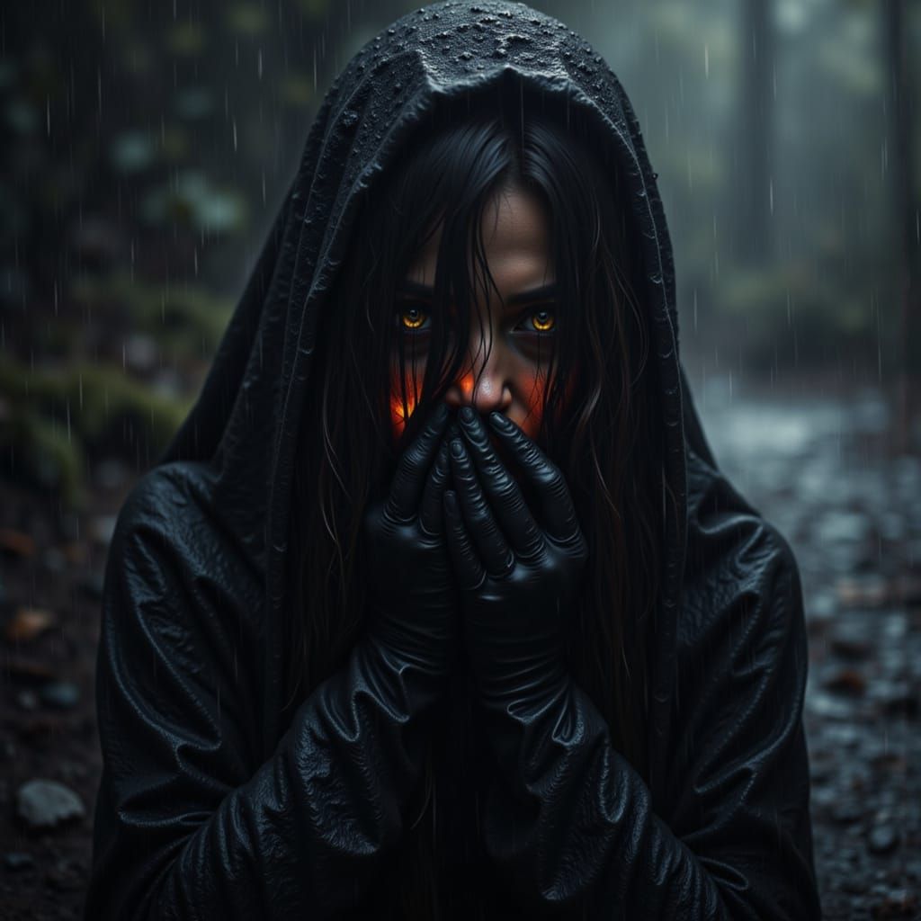 Ominous Woman in Cloak with Dramatic Lighting
