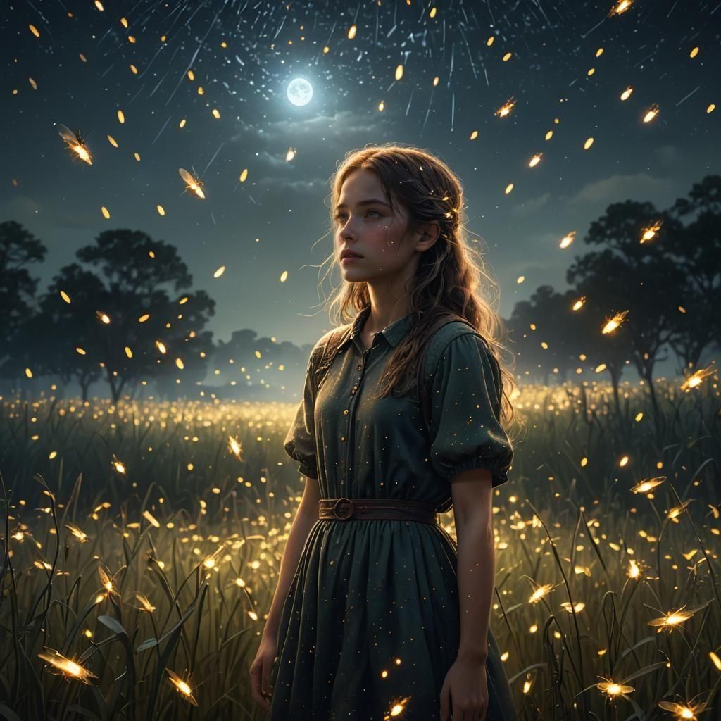 Girl in Firefly Field Under Moonlight: Digital Painting