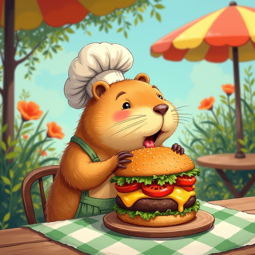 Whimsical Capybara in a Colorful Outdoor CafΓ©