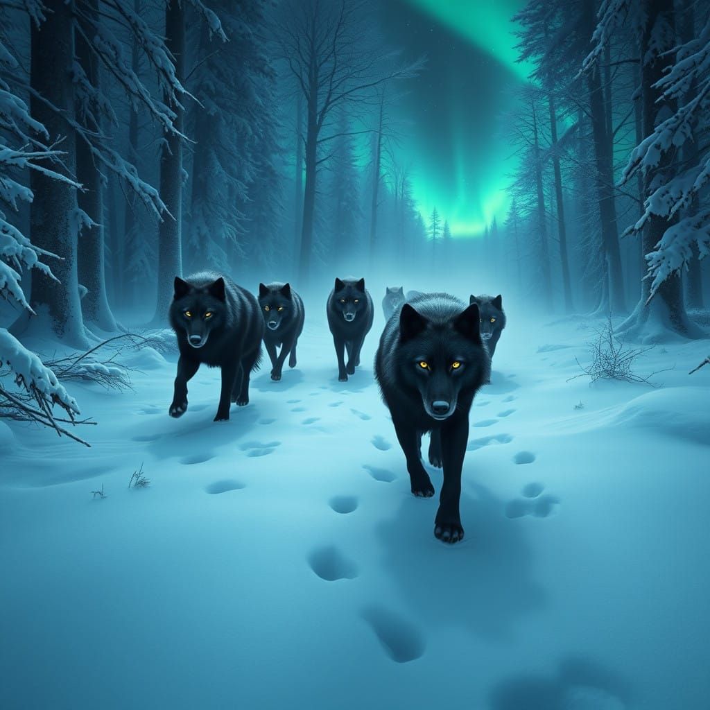 Majestic Black Wolves in a Frozen Forest at Night