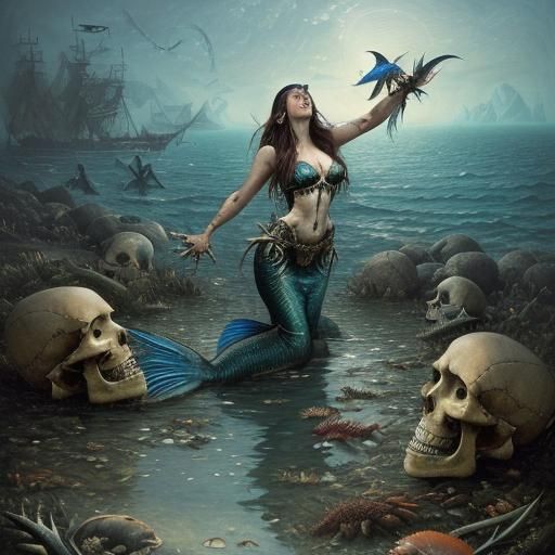 Sinister Mermaid's Song of Shipwrecks: Oil Painting