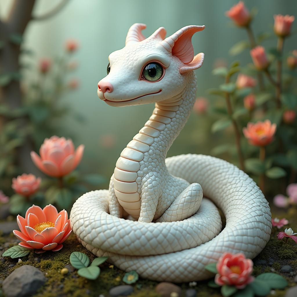 Iridescent White Snake in Lush Dreamscape