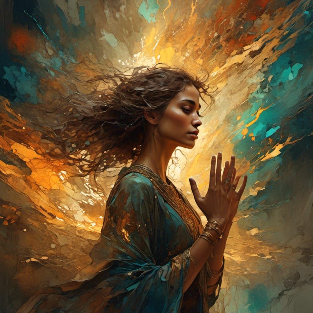 Radiant Woman with Hand in Detailed Matte Painting