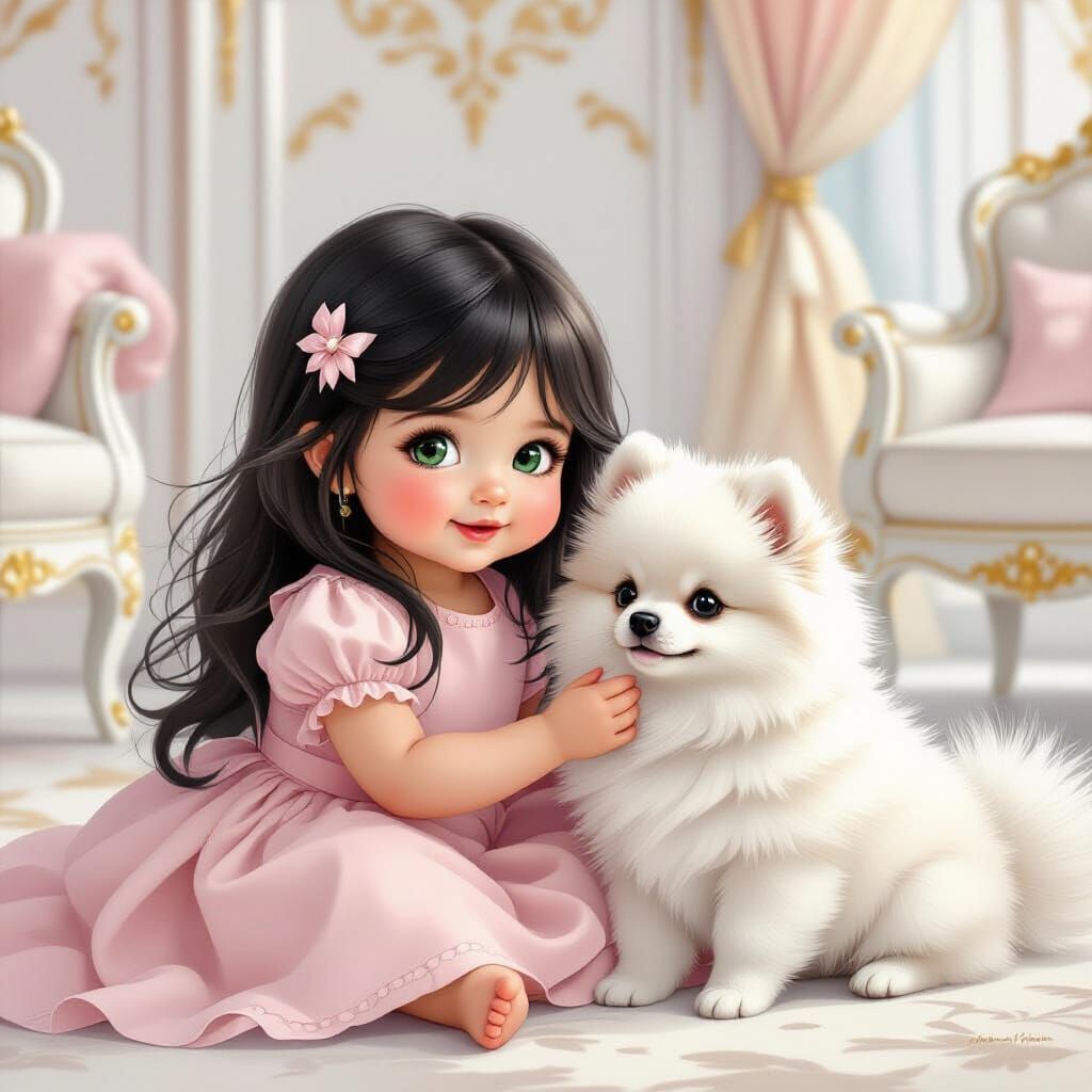 Baby Girl and Pomeranian in Royal House, Art Nouveau Style