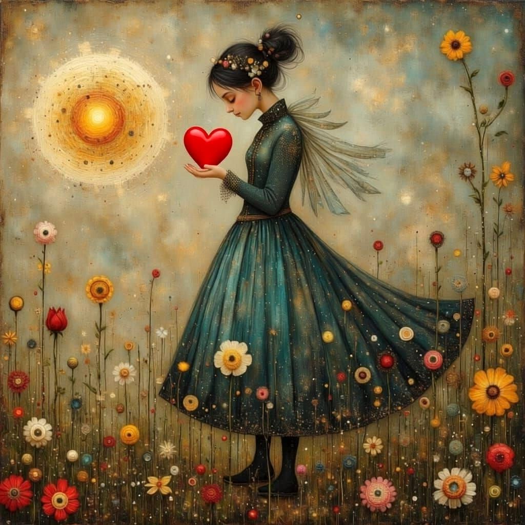 Woman Gently Holding a Glowing Red Heart