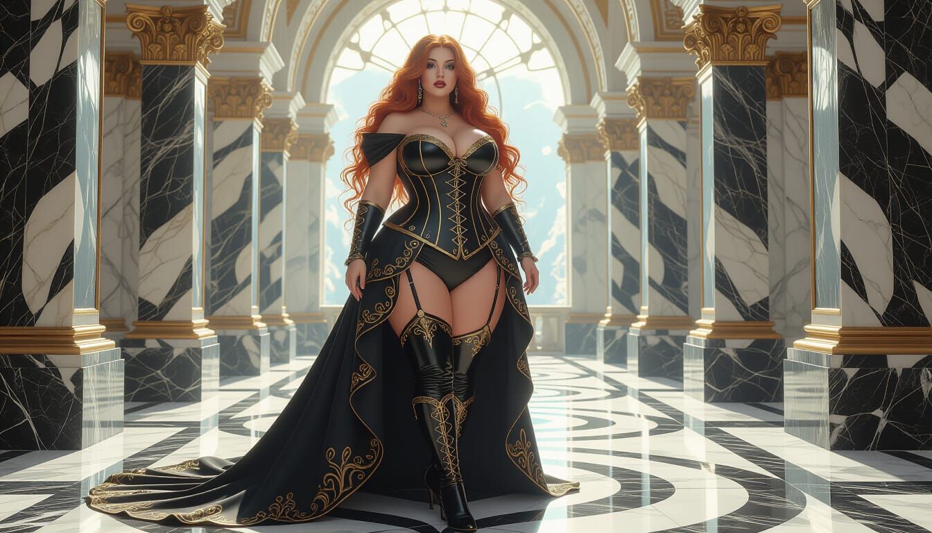 Curvy Woman in Corset Dress in Marble Chamber