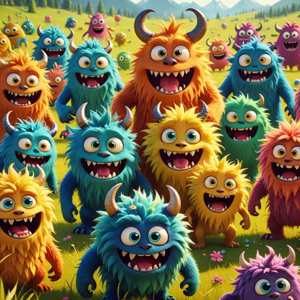 Happy Cartoon Monsters Playing in Sunny Meadow