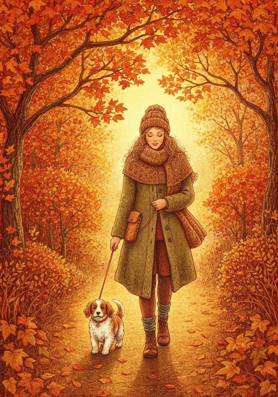 Woman Walks Puppy Amidst Autumn Foliage in Beatrix Potter St...