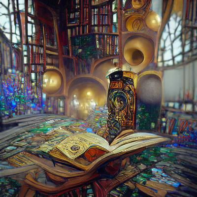Magical Library with Steampunk Engine in Art Nouveau Style