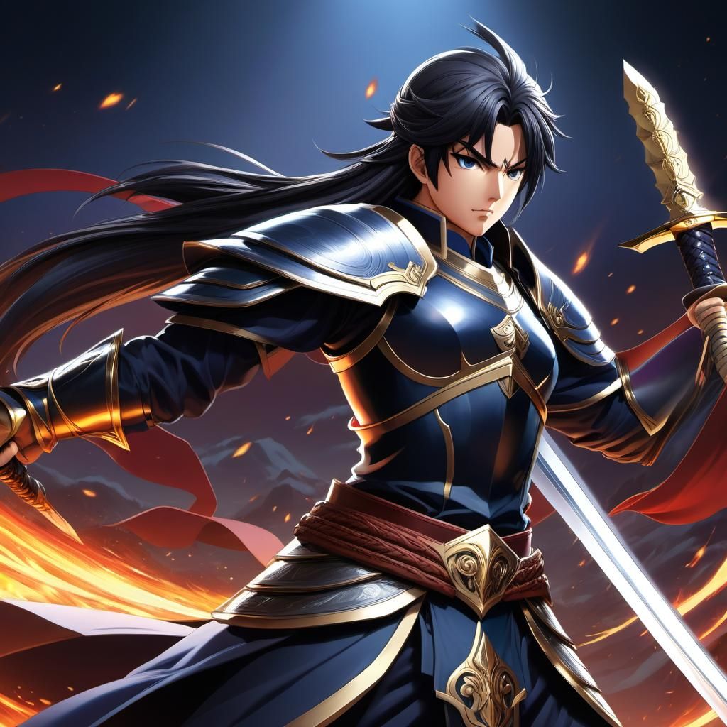 Anime Warrior with Sword in Cel-Shaded Style