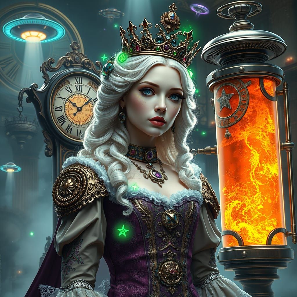 Baroque Princess with Steampunk Robot in Surreal Sci-Fi Real...