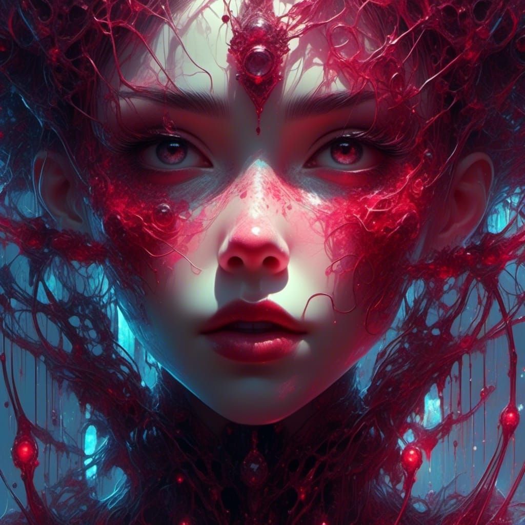 Ruby Woman in Bioluminescent Laboratory