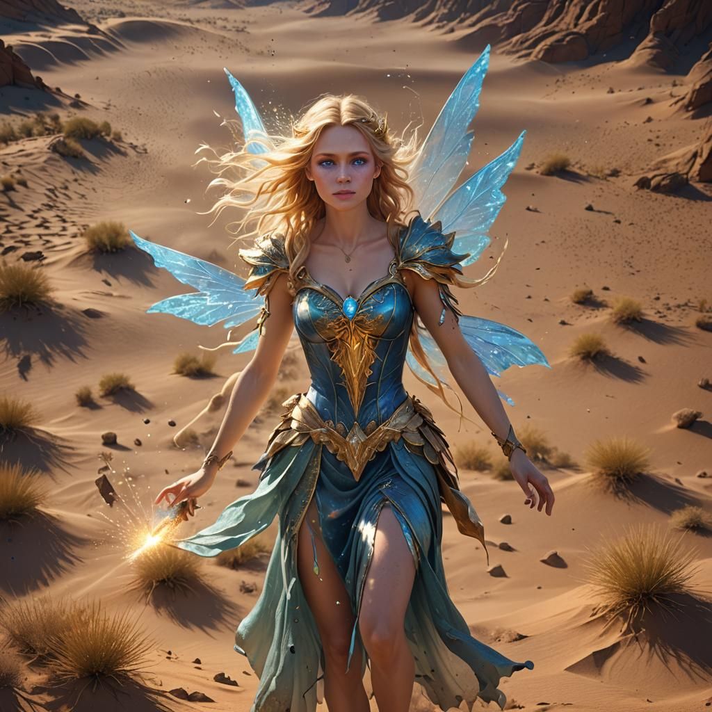 Golden-Haired Fairy Spreads Magic Dust on Desert