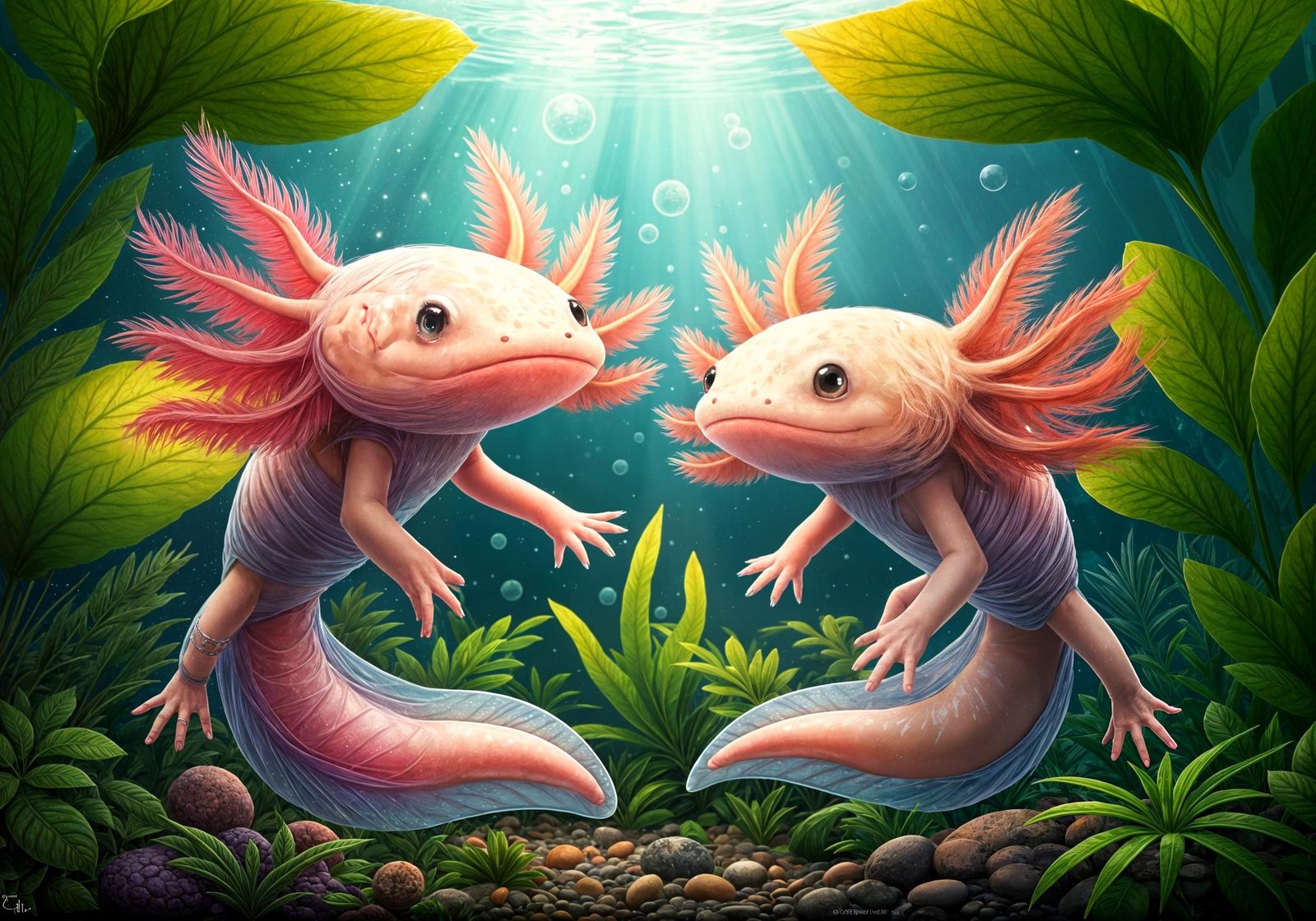 Whimsical Axolotls Swim in a Vibrant Underwater Paradise