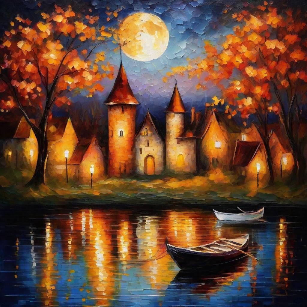 Riverside Castle Illuminated by a Huge Moon as Oil Painting