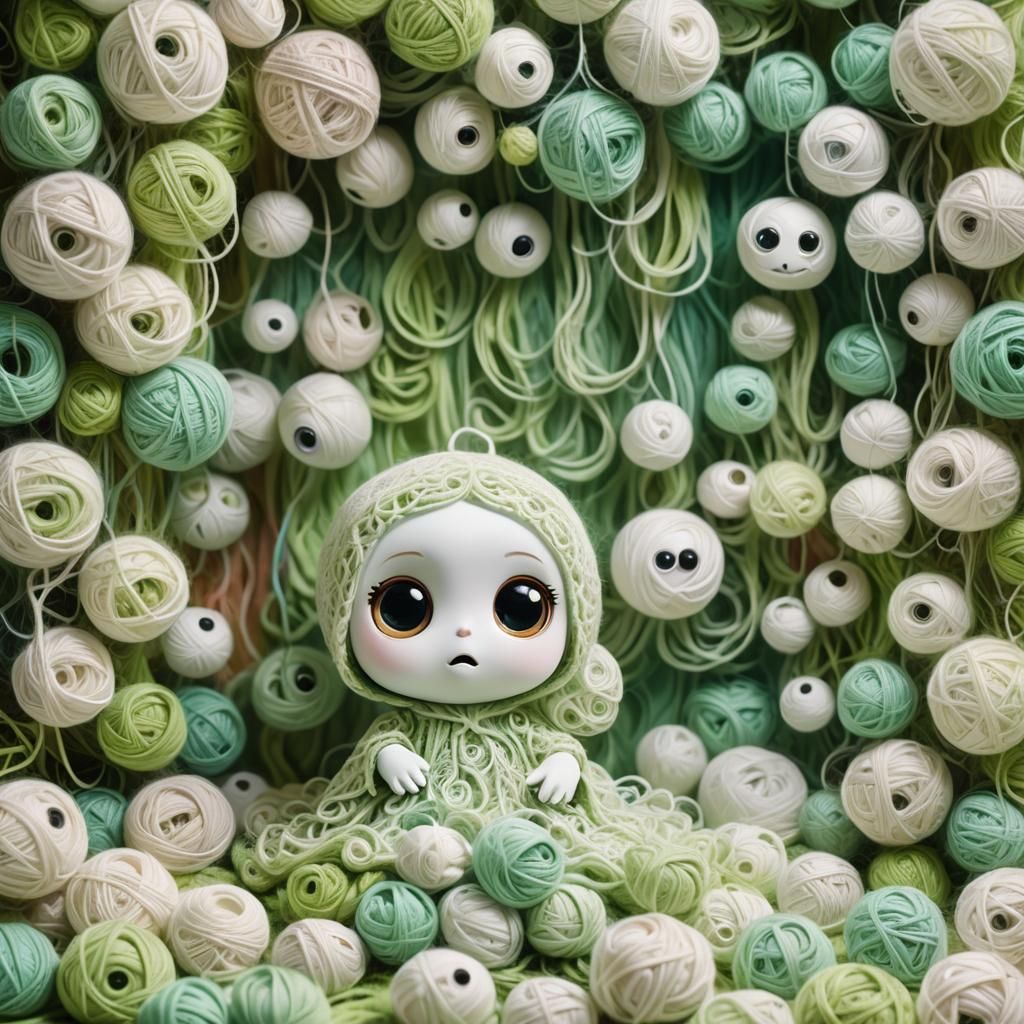 Chibi Yarn Ghost in Pastel Wonderland: Digital Art