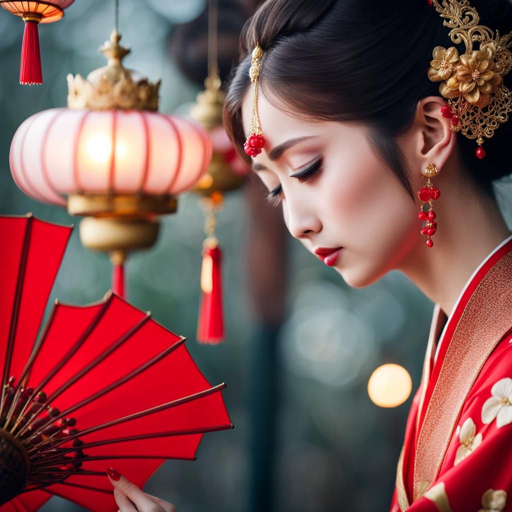 Beautiful Girl in Red Japanese Royal Costume