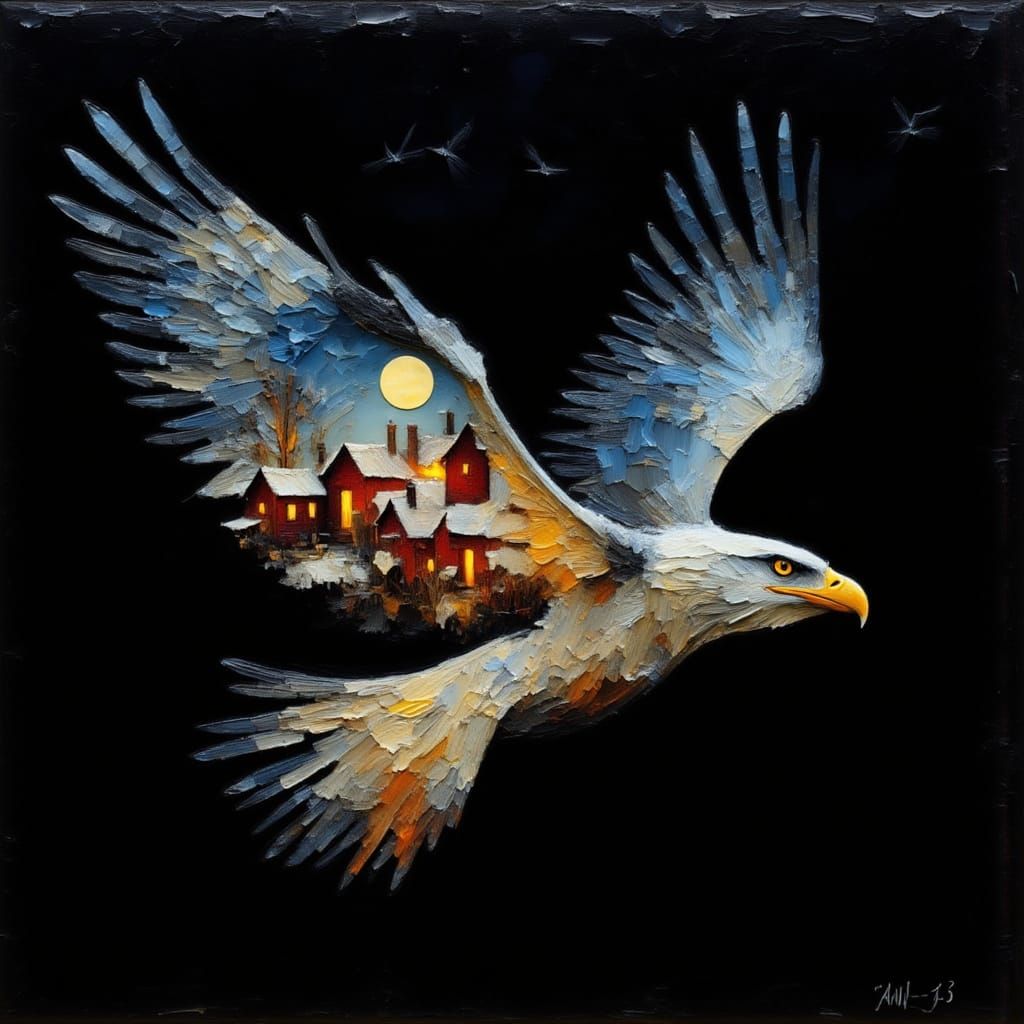 Flying Eagle Over Winter Village in Double Exposure Style
