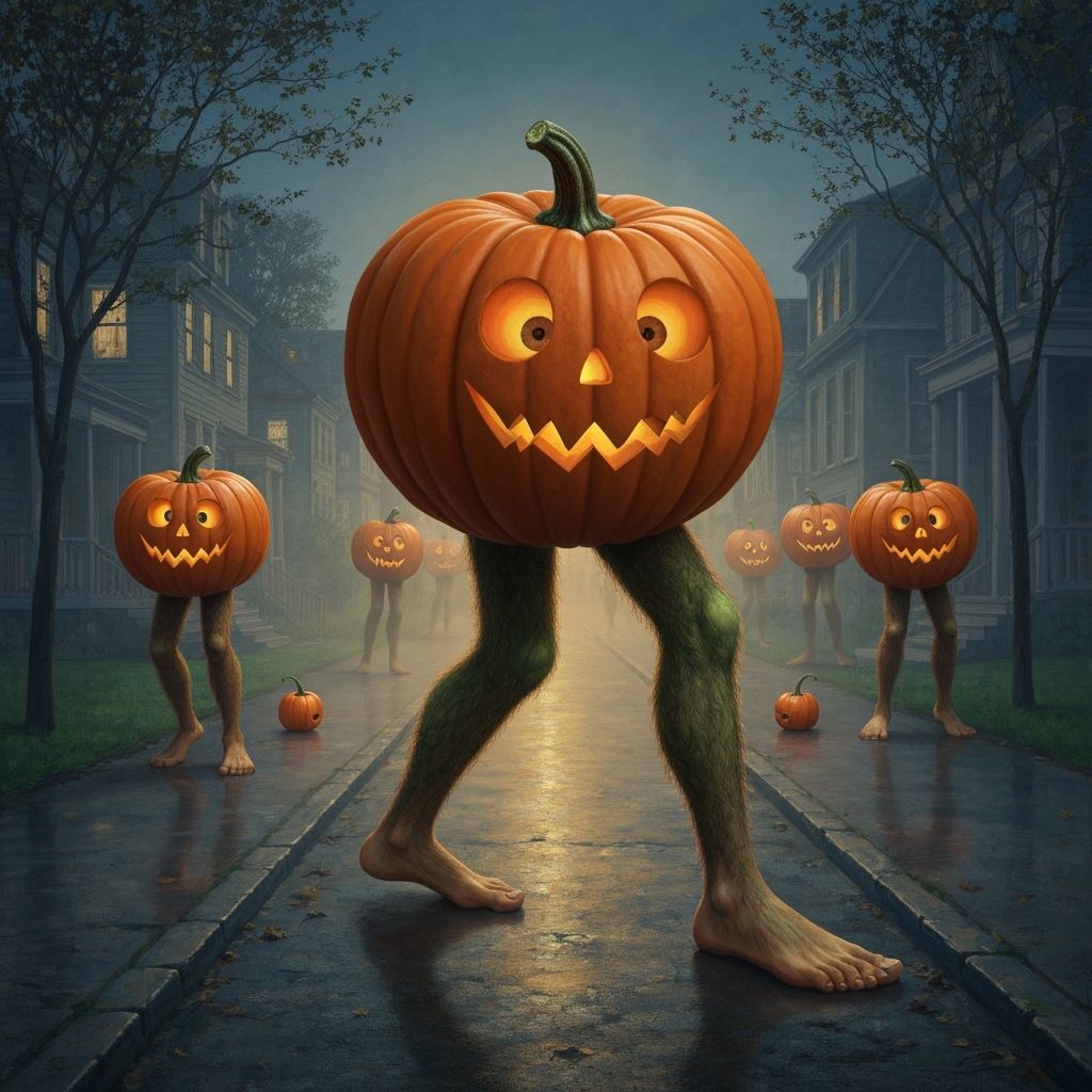 Surreal Halloween Night: Pumpkins Trick-or-Treating on Hairy...