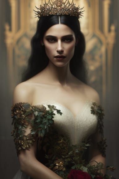 Woman in Lace Gown with Roses, Detailed Digital Art