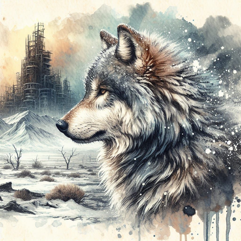 Watercolor Wolf Portrait in Apocalyptic Wasteland