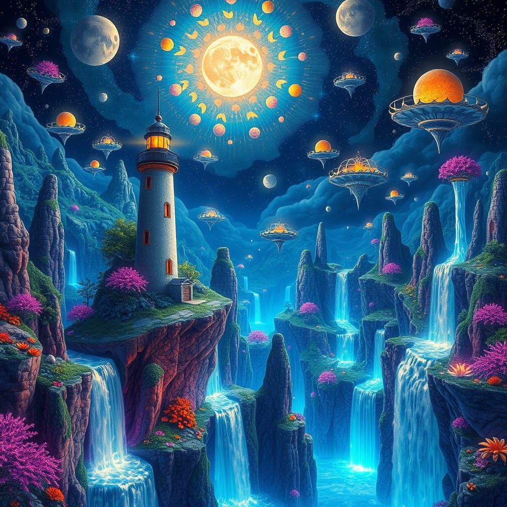 Surreal Utopia with Celestial Lighthouse in Dreamlike Landsc...