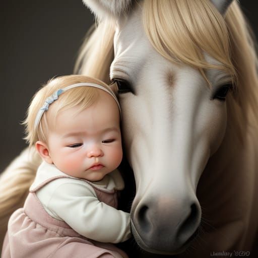 Snuggly Portrait of a Baby Girl and Her Donkey Friend