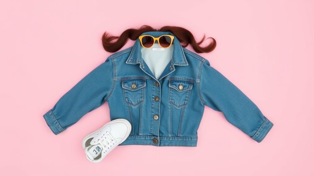 Flatlay of Denim Jacket, Sneakers, and Sunglasses