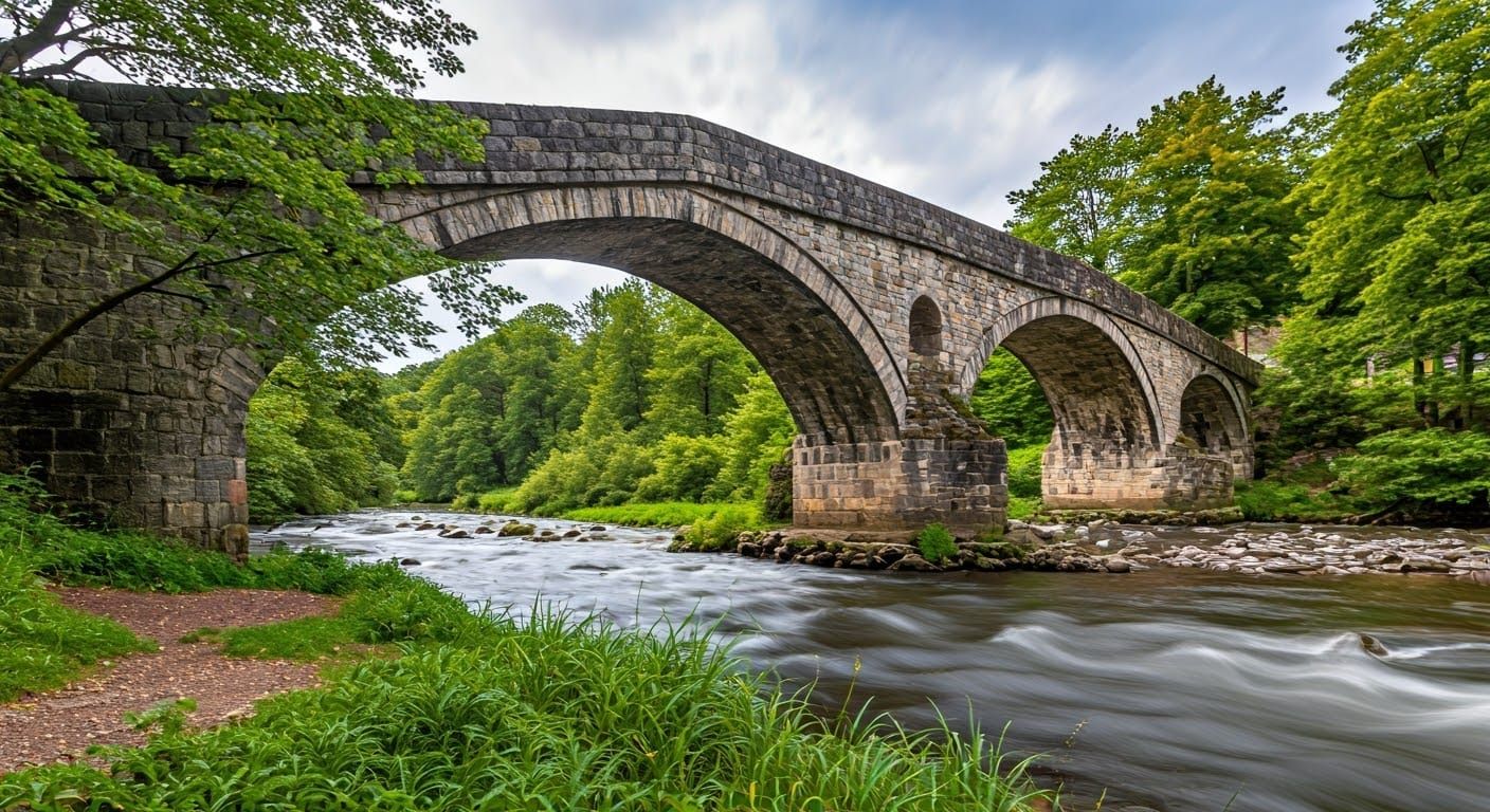 Medieval Bridge Over Turbulent River in the Countryside