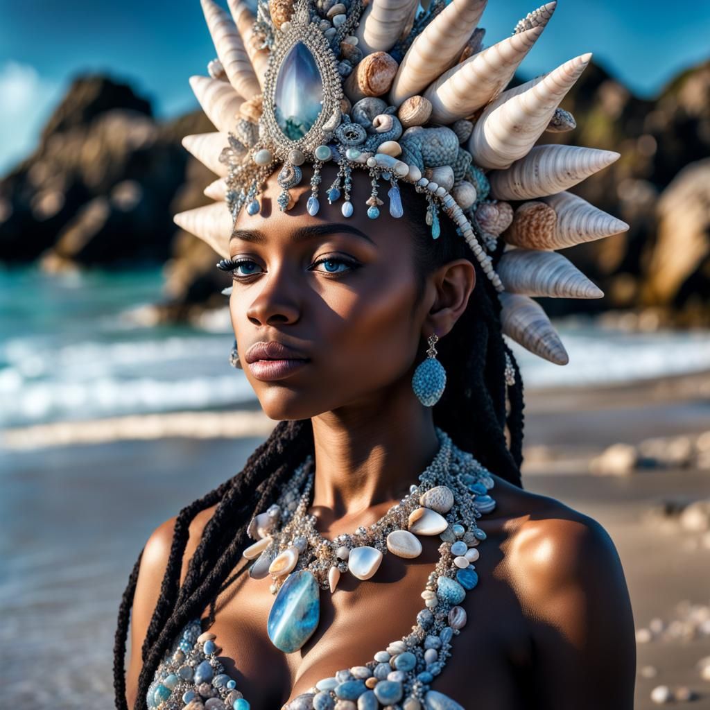 Yemaya on Crystal Beach: Hyperrealistic Wide Shot