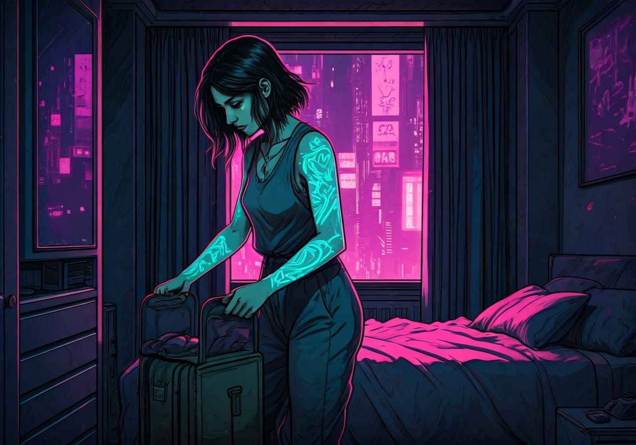 Cyberpunk Woman Packs in Neon City Flat