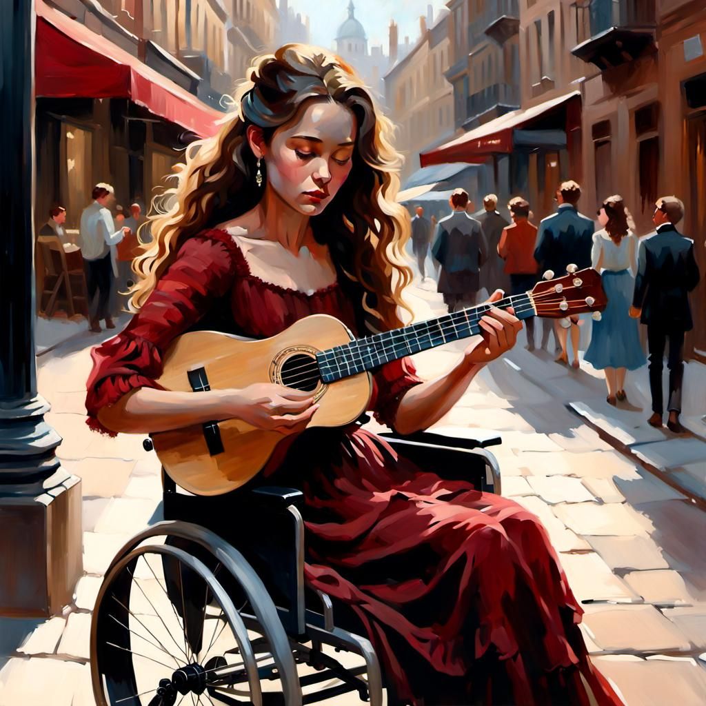 Woman in Wheelchair Plays Ukelele: Fine Art Oil Painting