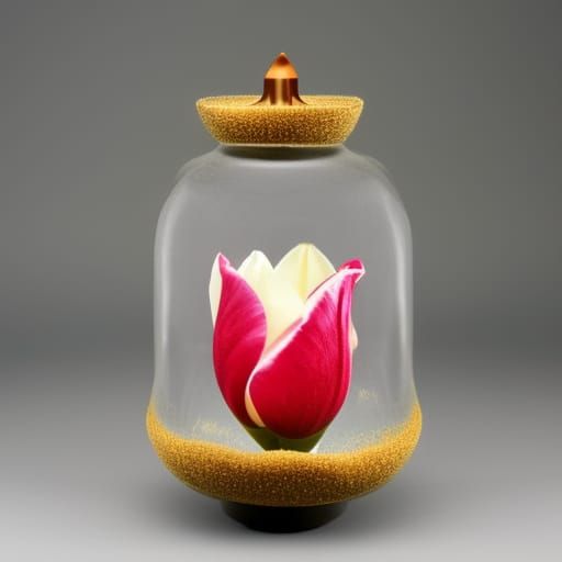 Red Tulip in Glass Bell Jar Still Life