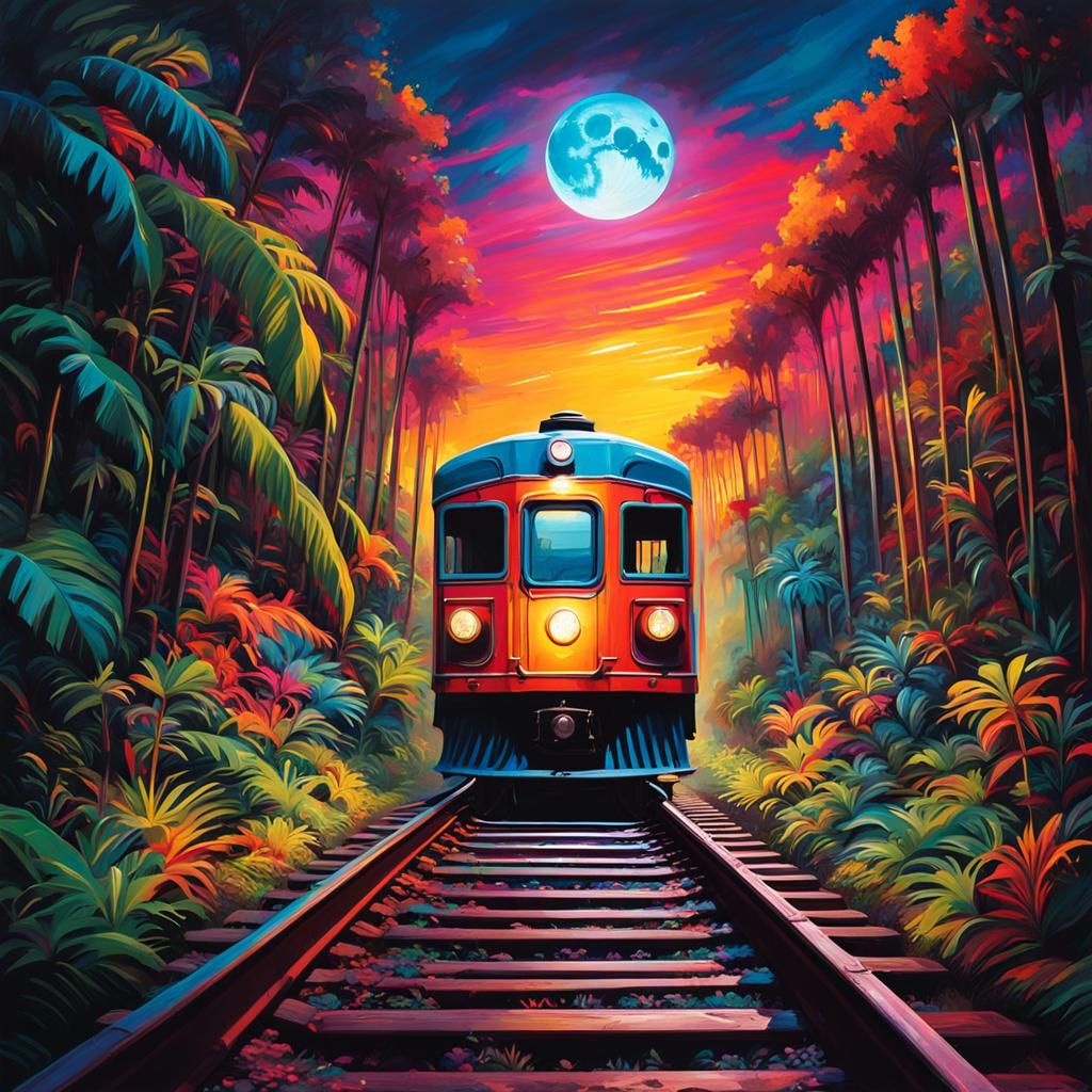 Vintage Train in a Glowing Jungle Graffiti Art