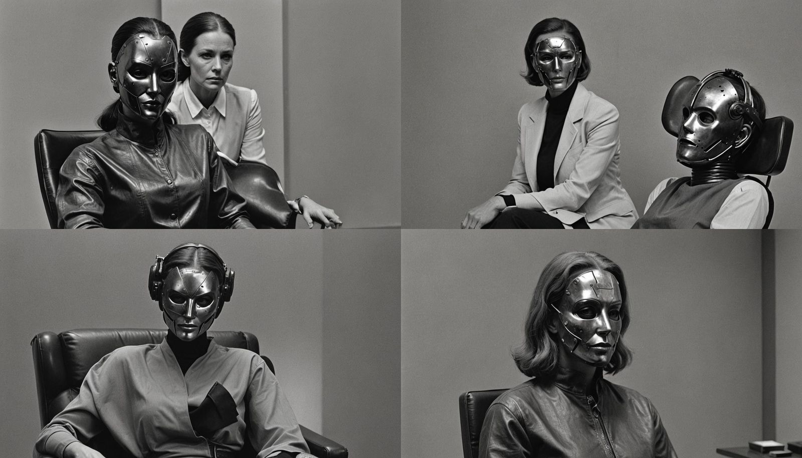 a black and white photo of a woman sitting in a chair, clear [[bronze]] face [mask], 1979 omni magazine, archillect conc...