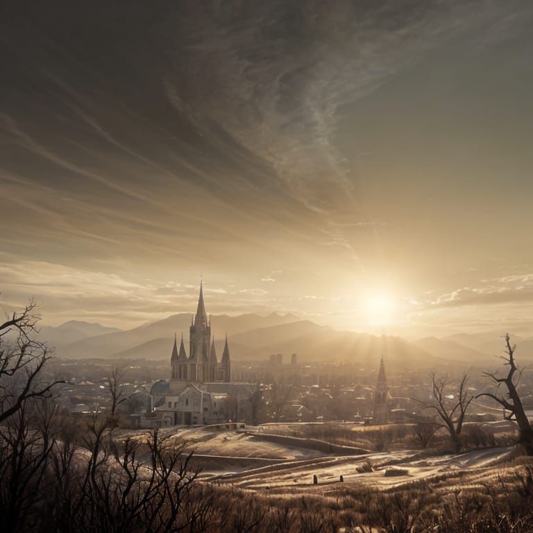 Eerie Post-Apocalyptic Landscape in Dark Fantasy Style