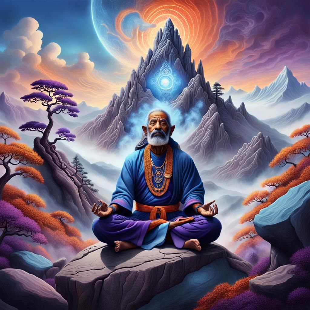 Surrealist Yogi Meditates on Dreamlike Mountain