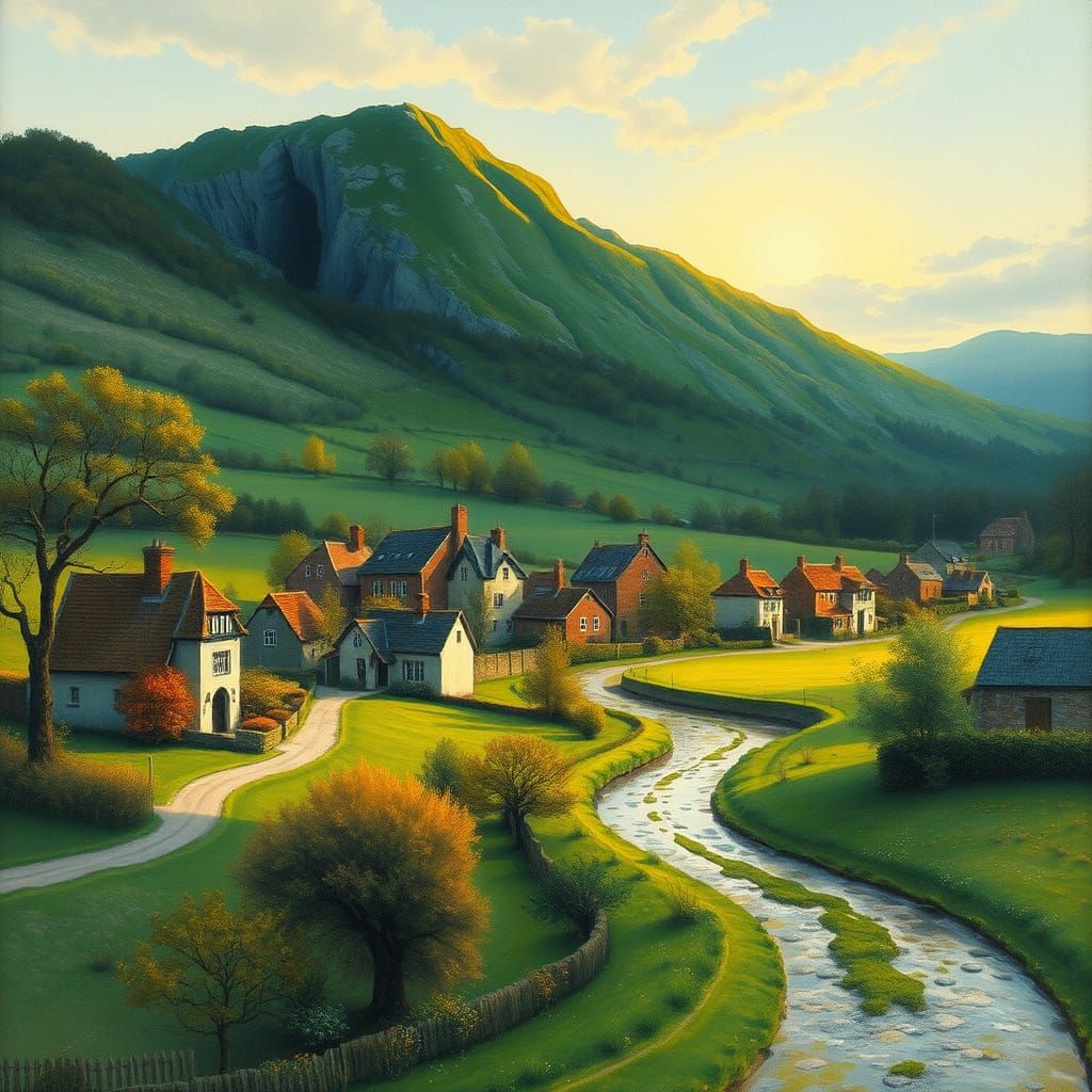 Charming Village at Sunset in Expressive Gouache Aquarel Sty...