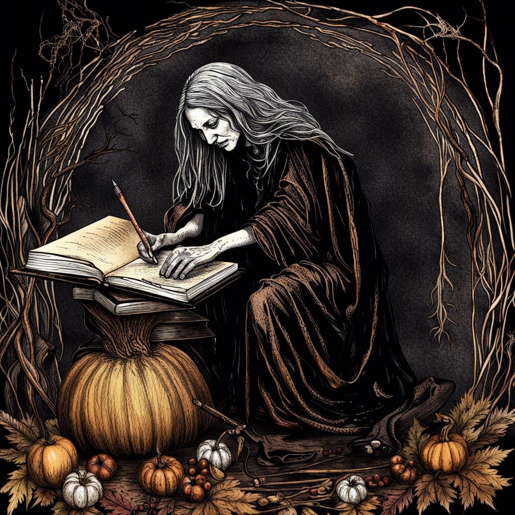 Pagan Witch Harvest Ritual in Pen and Ink Style