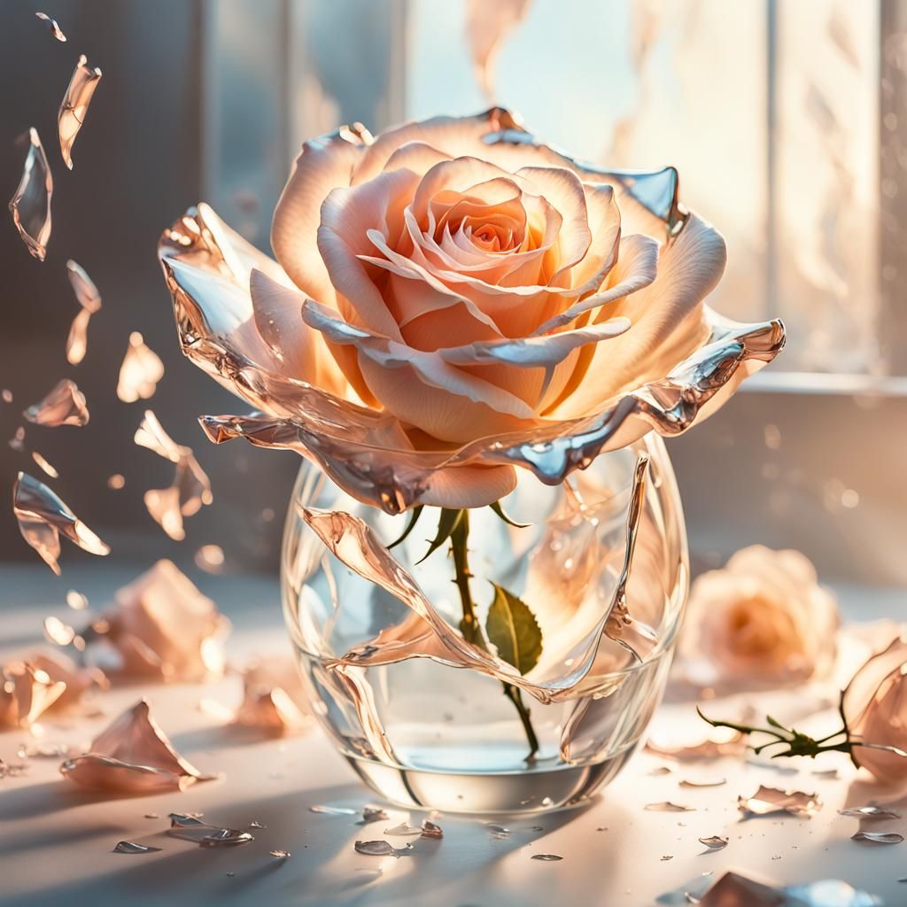 Rose Blooming from Shattered Vase: Surreal Oil Painting
