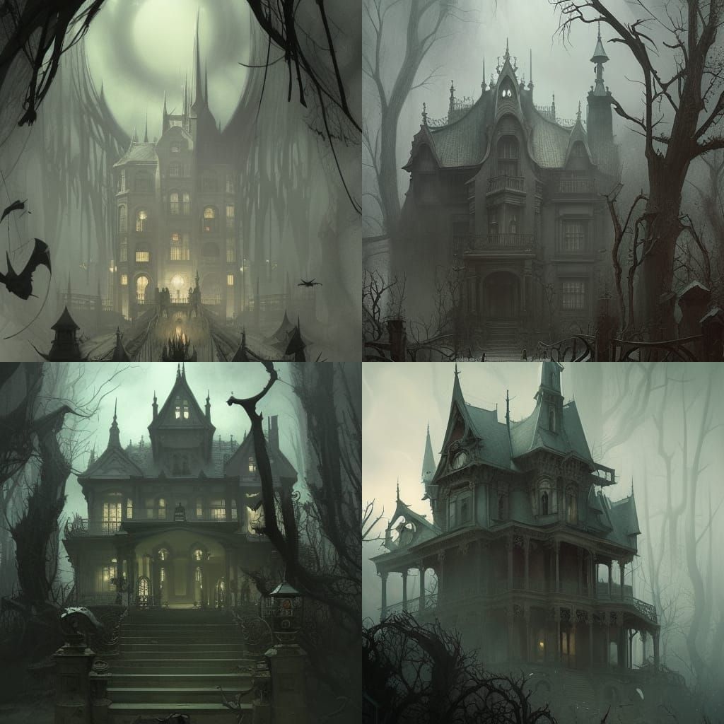 Detailed Haunted Mansion in Art Nouveau Style