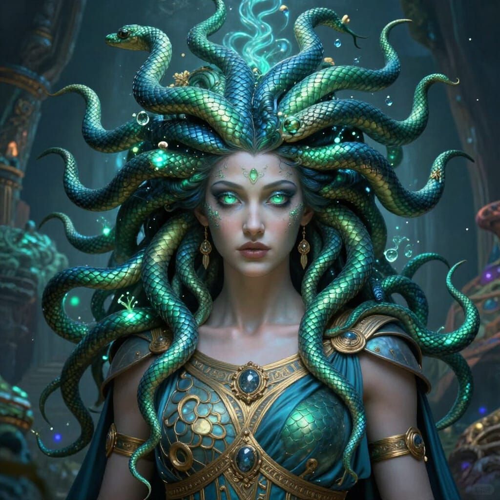 Unique Medusa with Emerald Serpent Hair in Fantasy Matte Pai...