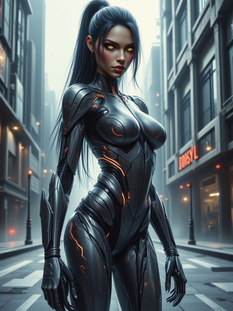 Cybernetic Warrior Woman in Futuristic City