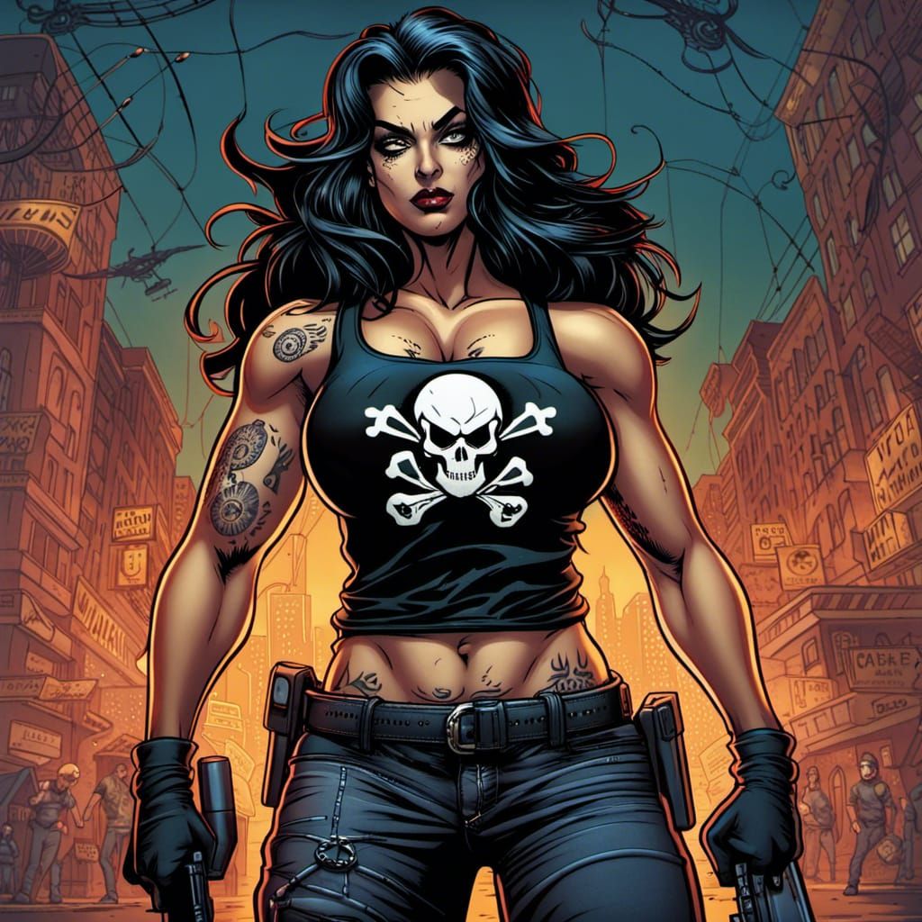 Latina Goth Hitman in Comic Book Art Style