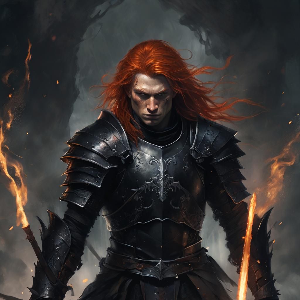 Fiery Sword Dark Fantasy Warrior in Armor