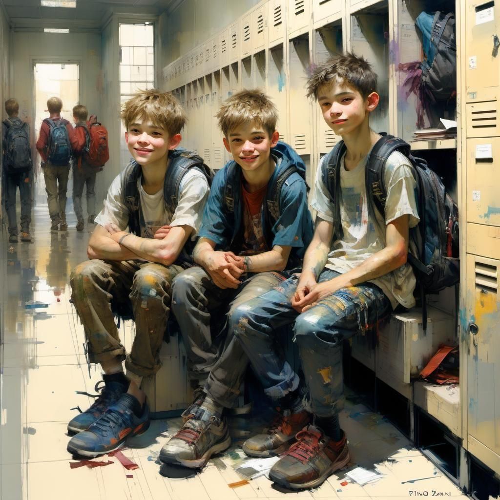 Joyful Friends Celebrate in School Hallway