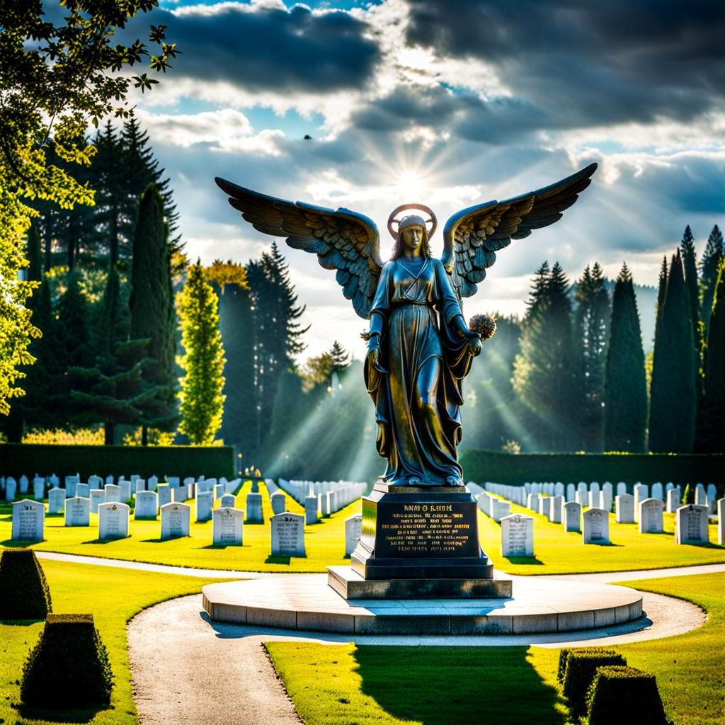 An angel monument overlooking a military cemetery