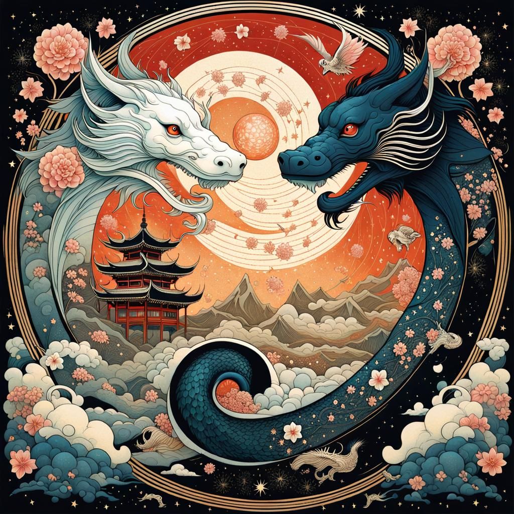 Intricate Japanese Yin-Yang Dragons and Goddesses